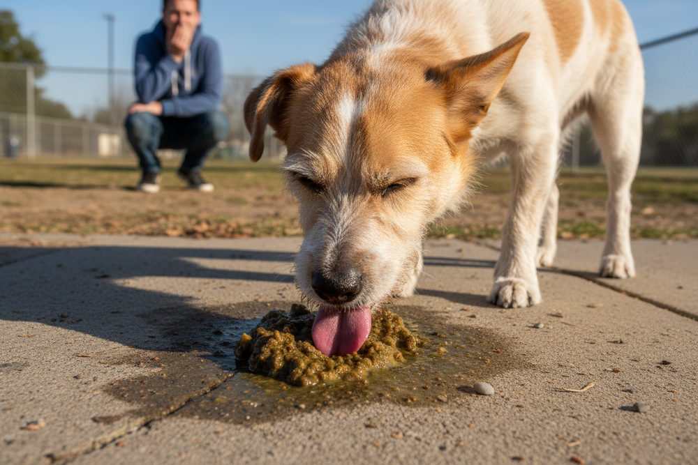 Dog licking sidewalk at dog park