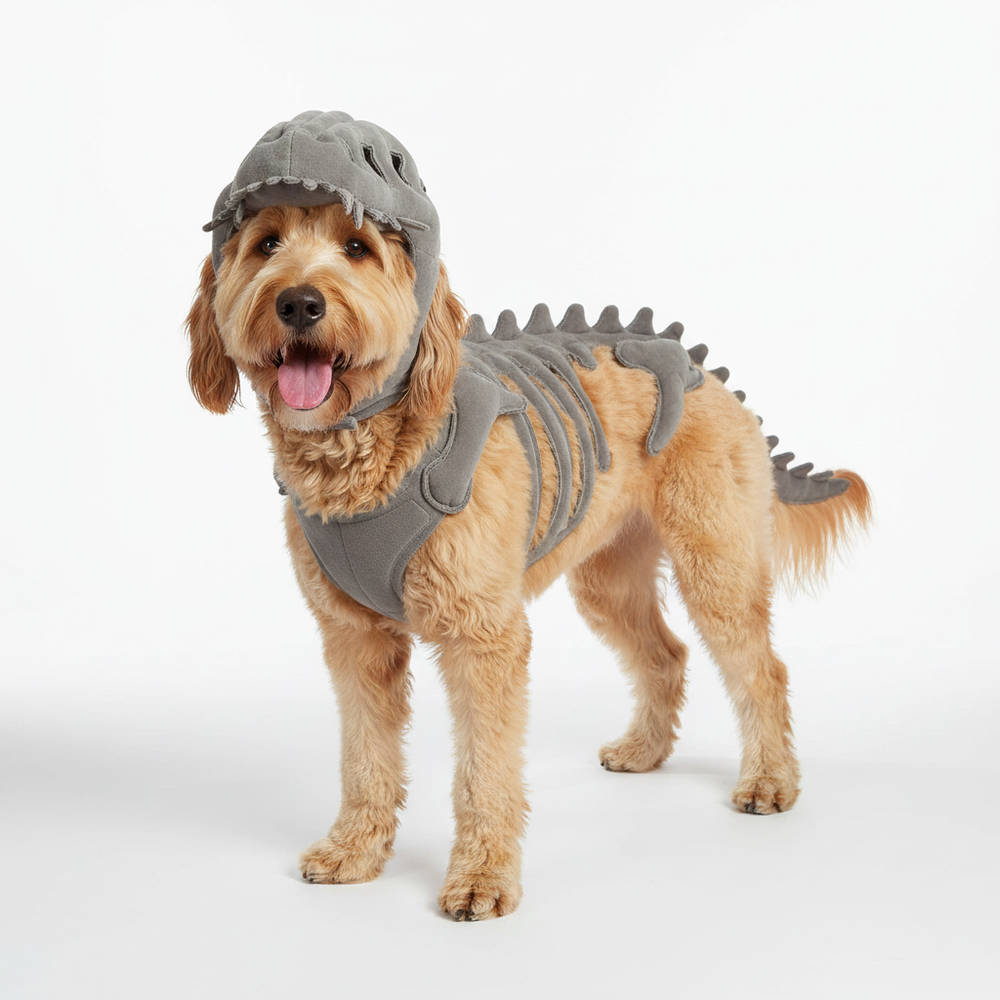 Dog wearing DinoPaw grey dinosaur skeleton costume