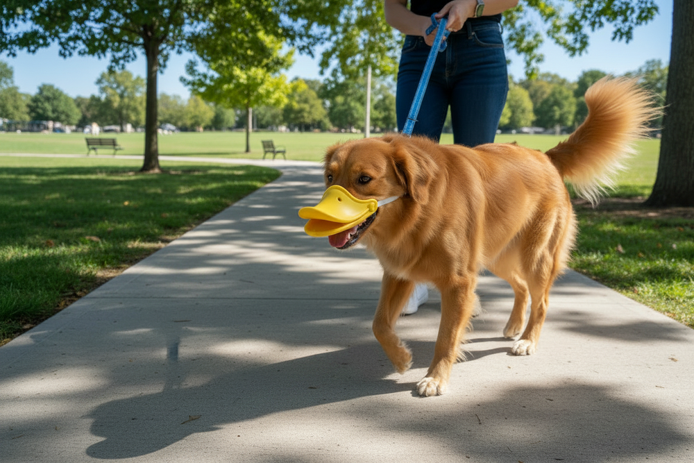 Dog with duck bill muzzle fully encasing both jaws