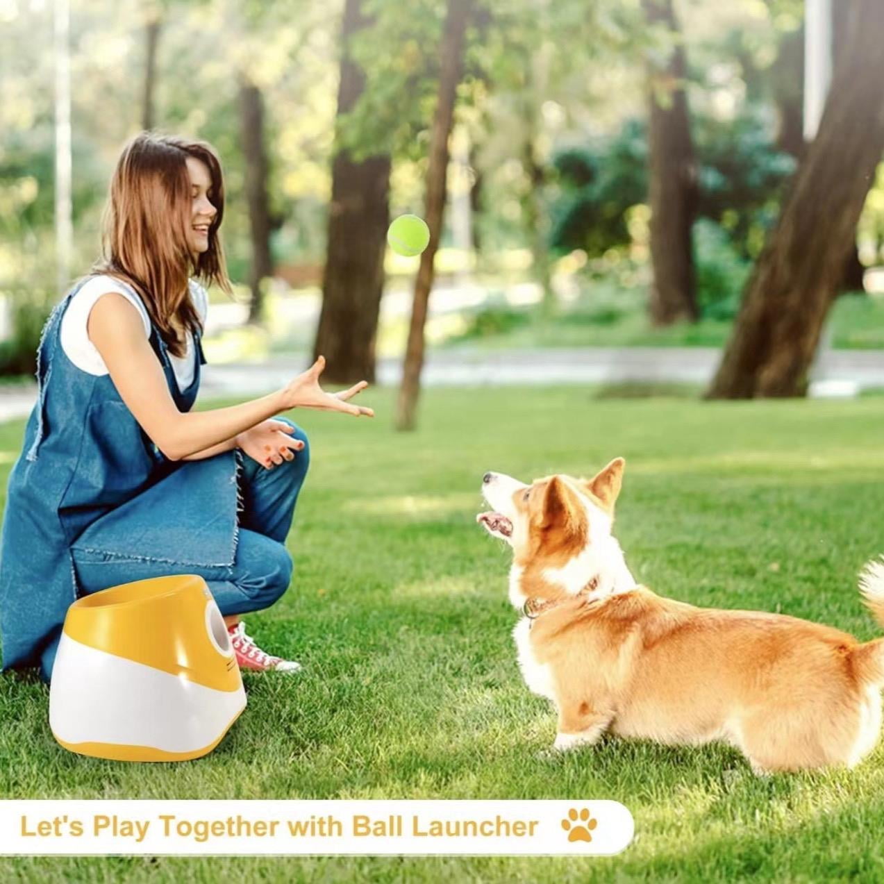 Automatic Dog Ball Launcher, Dog Ball Thrower with 3 Launching Distance, Interactive Dog Toys for Small & Medium Dogs Indoor & Outdoor, 3 Mini Tennis Balls Included, Orange