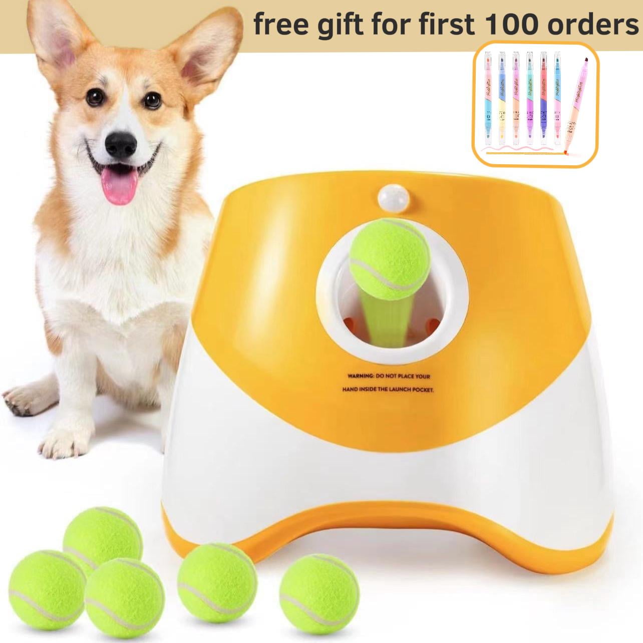 Automatic Dog Ball Launcher, Dog Ball Thrower with 3 Launching Distance, Interactive Dog Toys for Small & Medium Dogs Indoor & Outdoor, 3 Mini Tennis Balls Included, Orange